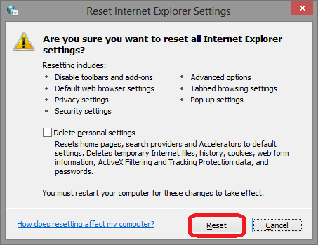 Internet Properties, Reset Settings